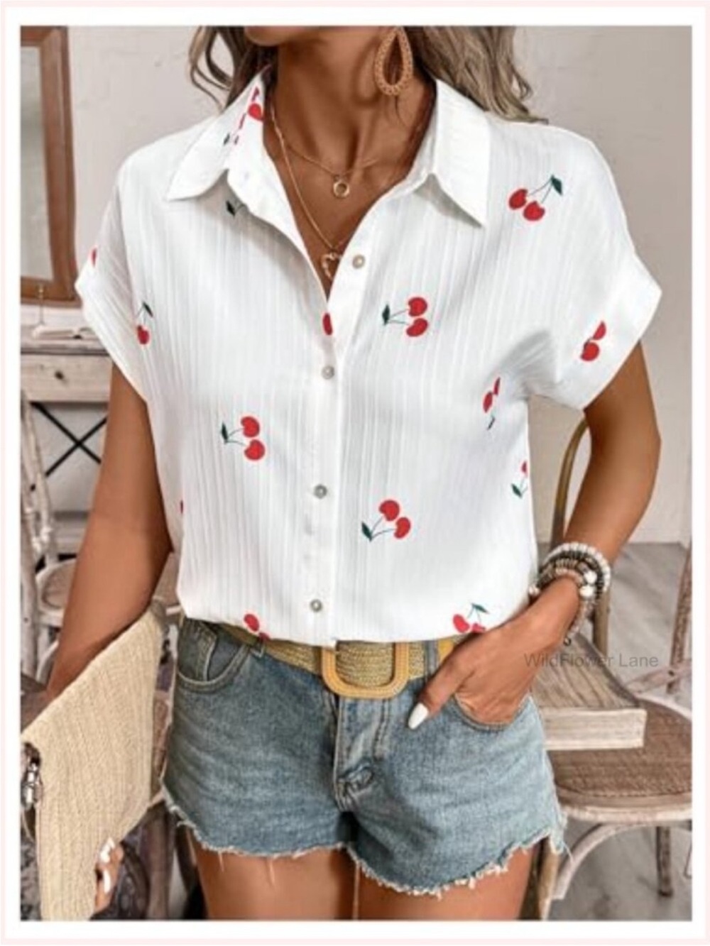 Sweatyrocks White Cherry Print Button-Down Shirt for Women